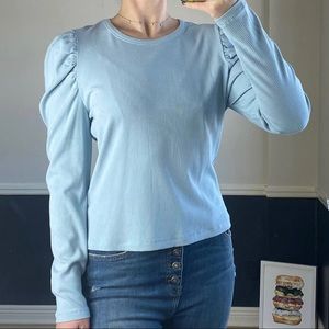 7 for all mankind long puff sleeves light blue ribbed top size XL